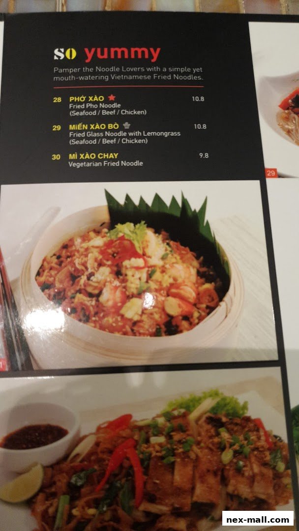 A menu page from So Pho NEX featuring Vietnamese fried noodles with prices and descriptions.