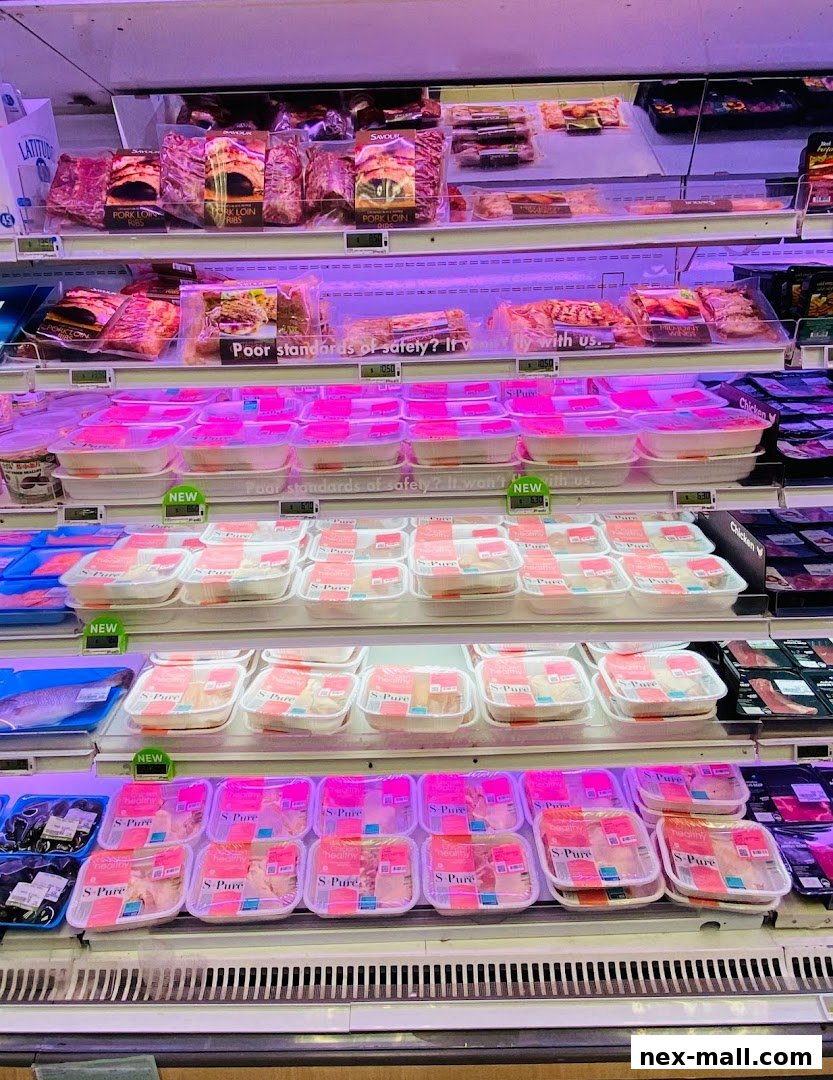 A refrigerated display case filled with various pre-packaged meats and seafood.