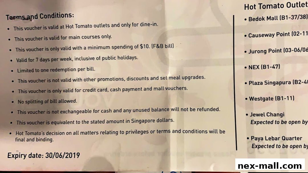 A document detailing terms and conditions for a Hot Tomato voucher, including expiry date and outlet locations.
