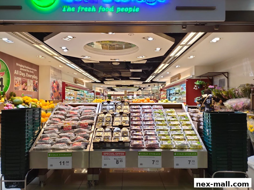 A well-stocked grocery store with fresh produce and packaged goods displayed.