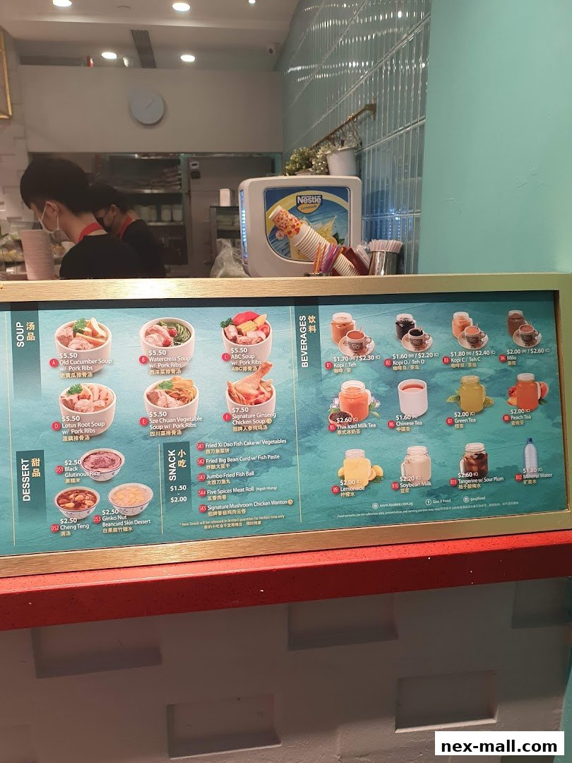 A menu board displaying various soups, snacks, desserts, and beverages with prices.