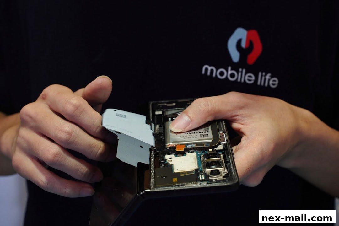 Hands repairing an open smartphone with the Mobile Life logo visible.