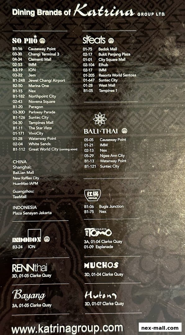 A list of dining brands and their locations under Katrina Group Ltd.