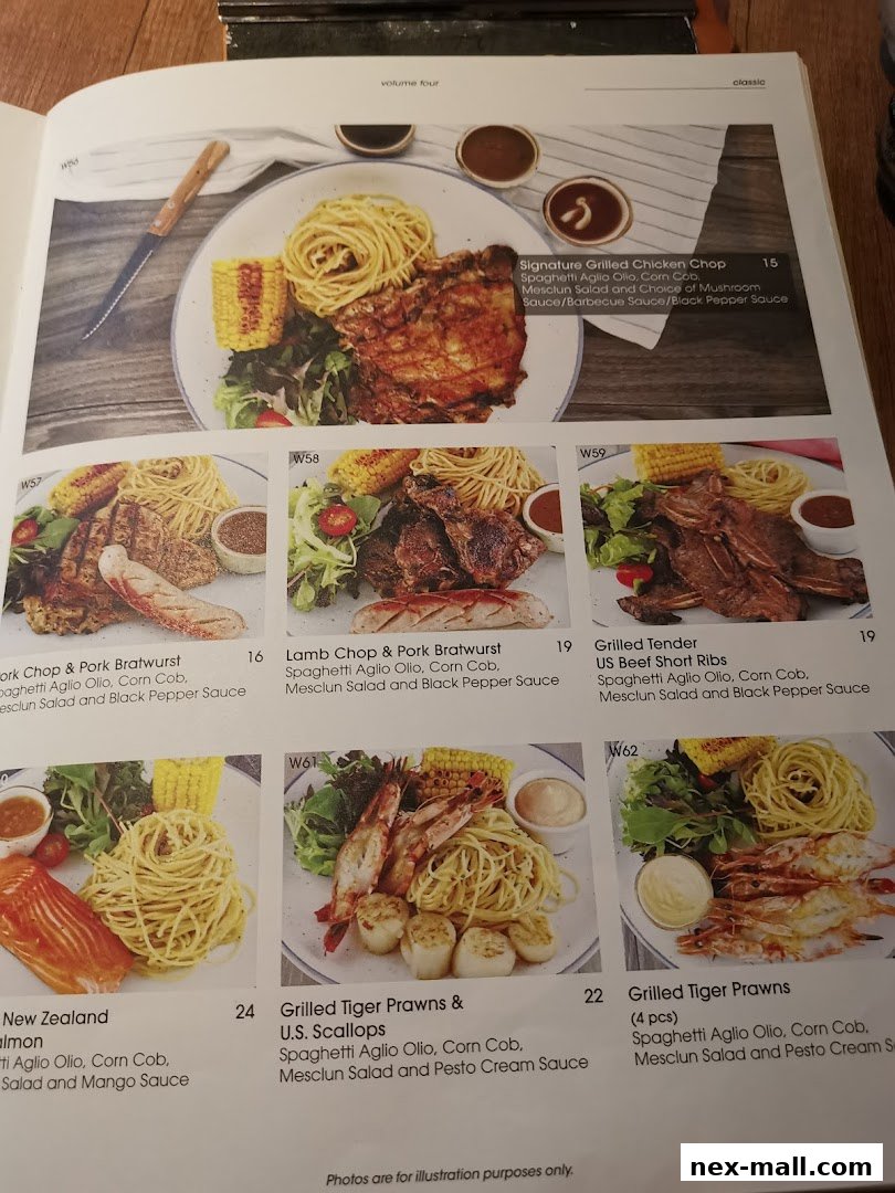 A menu page showcasing various grilled meat and seafood dishes with pasta and sides.