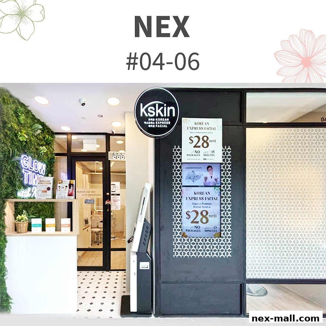 The exterior of Kskin Korean Express Facial at NEX, featuring a green wall and promotional displays.