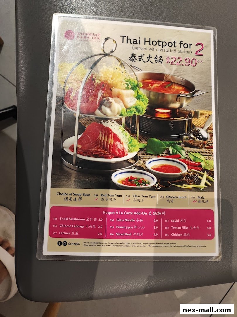 A menu for Thai Hotpot for 2, featuring a platter of ingredients and soup bases.