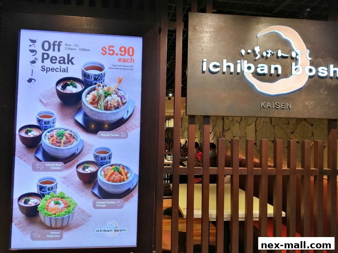 A menu board displays an off-peak special with various Japanese dishes and prices.