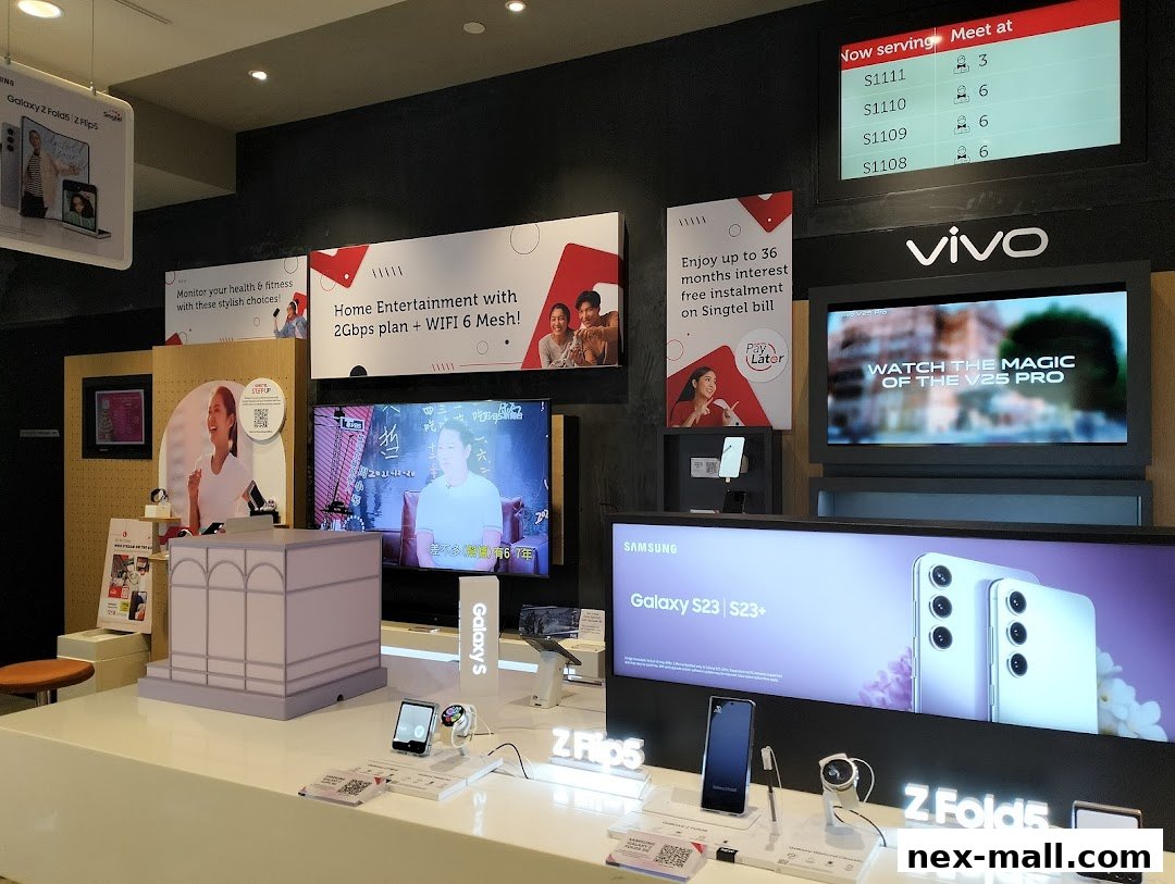 Interior view of a Singtel retail store showcasing Samsung and Vivo phones and plans.