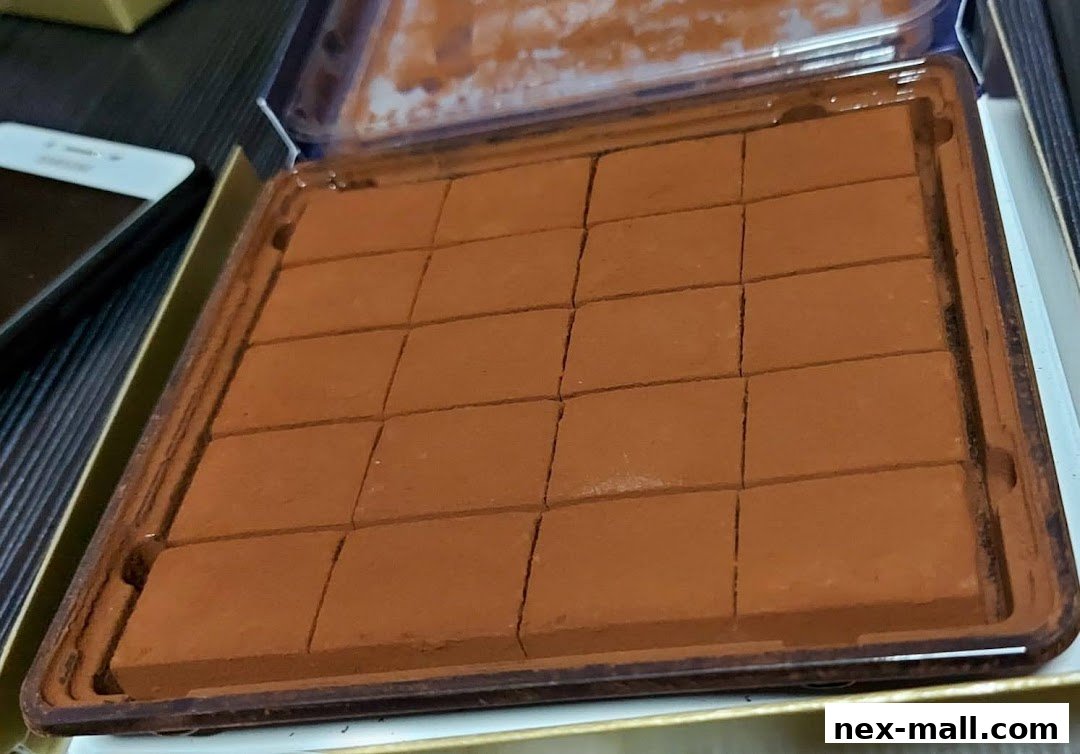 A box of individually cut chocolates dusted with cocoa powder.