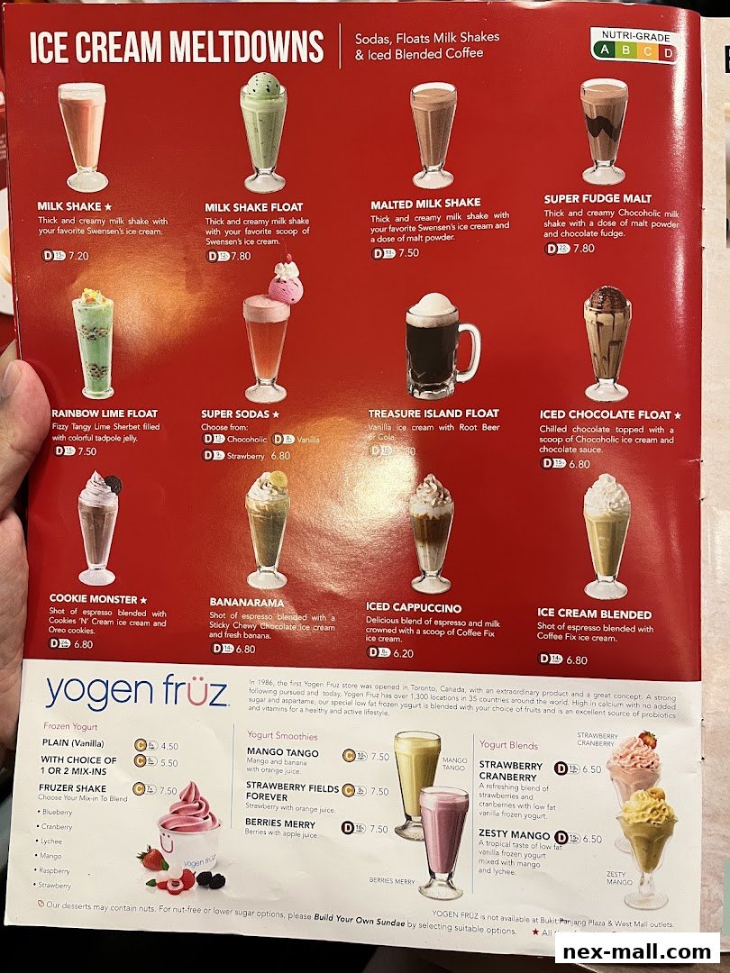 A menu showcasing various ice cream desserts, milkshakes, floats, and frozen yogurt options.
