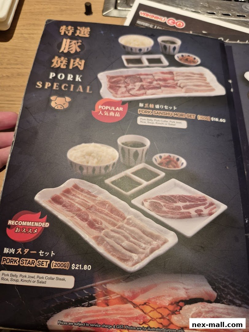 A menu showcasing various pork specials with accompanying side dishes and prices.