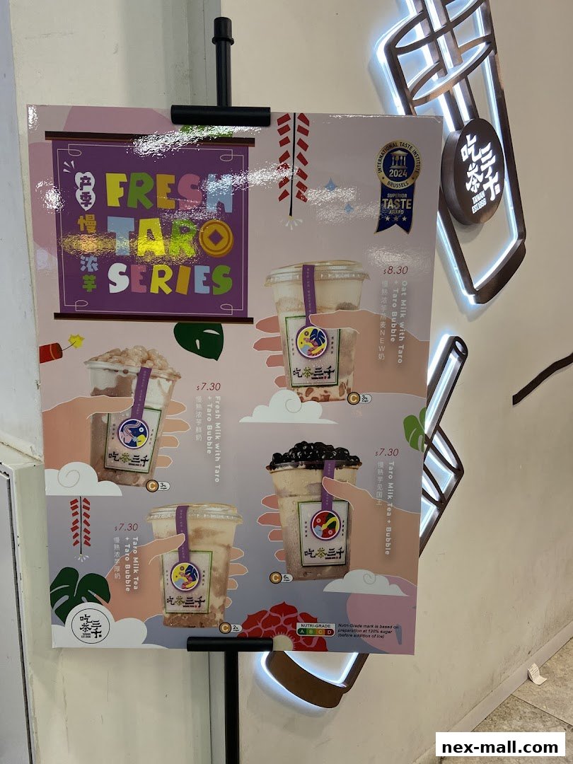 A menu board showcasing the 'Fresh Taro Series' with various taro milk tea drinks.
