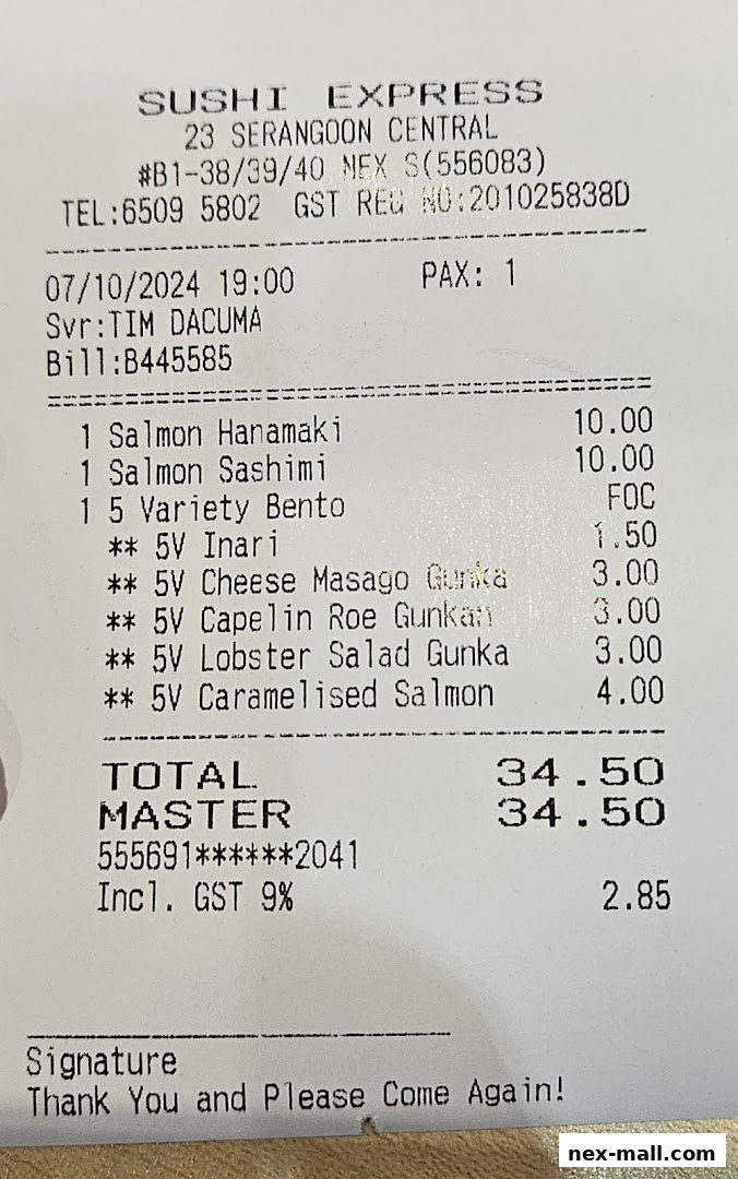 A receipt from Sushi Express showing a variety of sushi items and their prices.