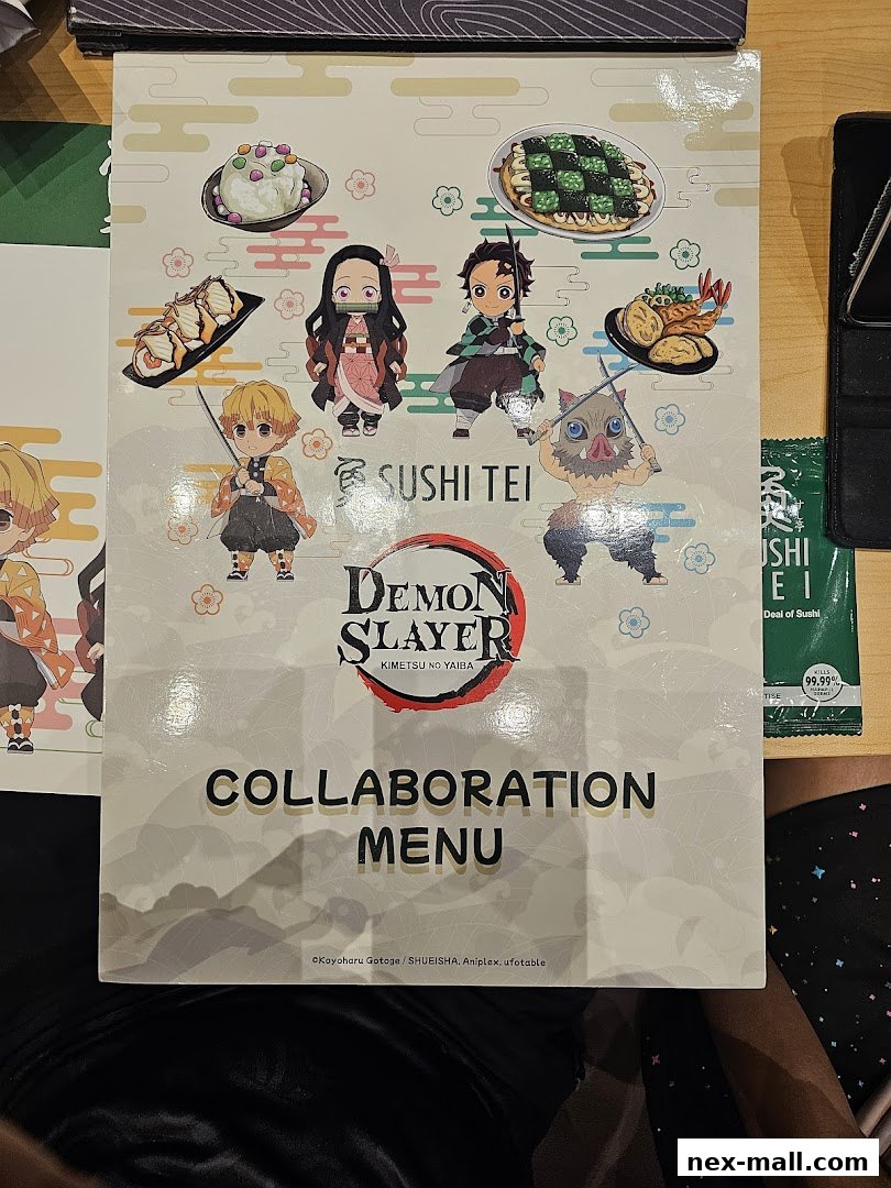 A menu for Sushi Tei featuring a collaboration with Demon Slayer.