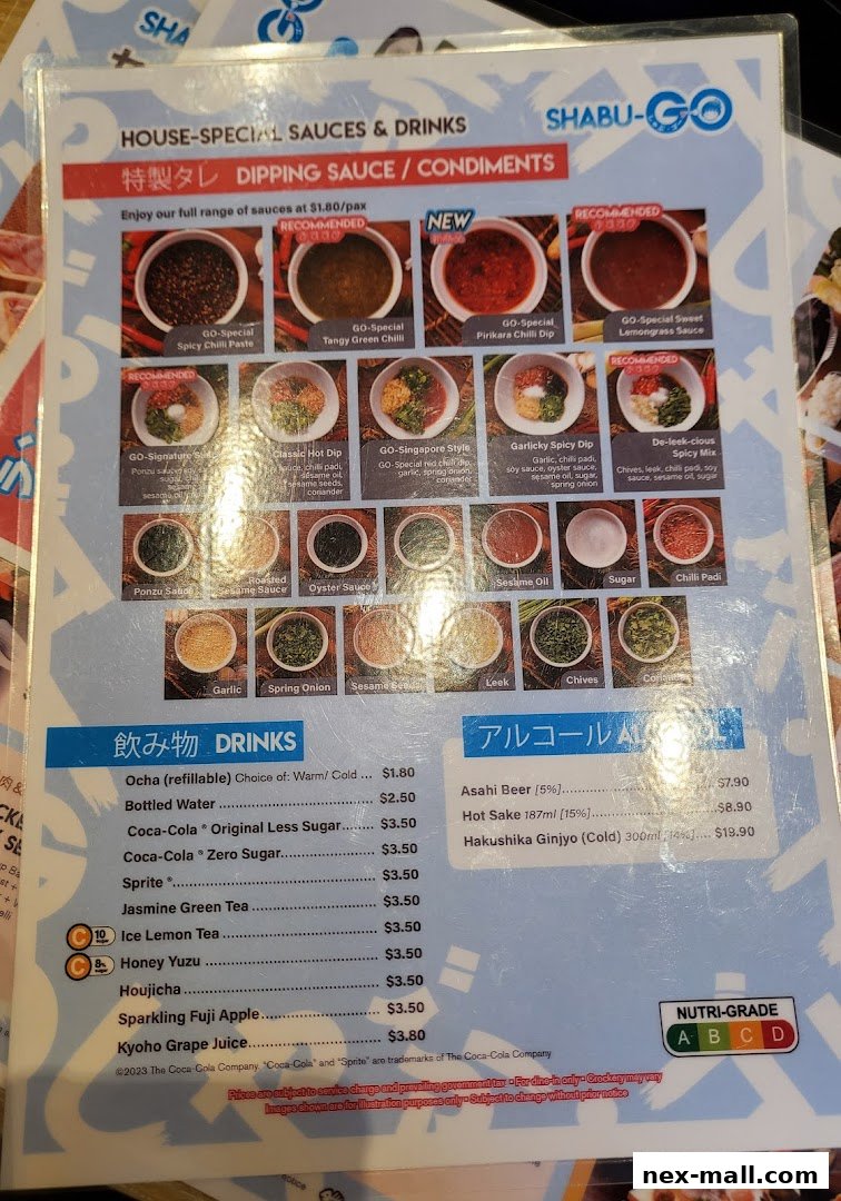 A menu featuring house-special dipping sauces, condiments, and drinks from SHABU-GO.