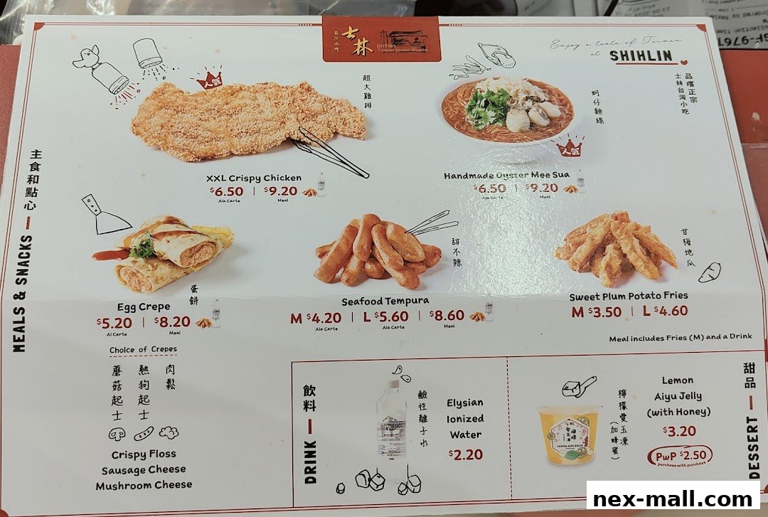 A menu from Shihlin Taiwan Street Snacks featuring crispy chicken, egg crepes, seafood tempura, and drinks.