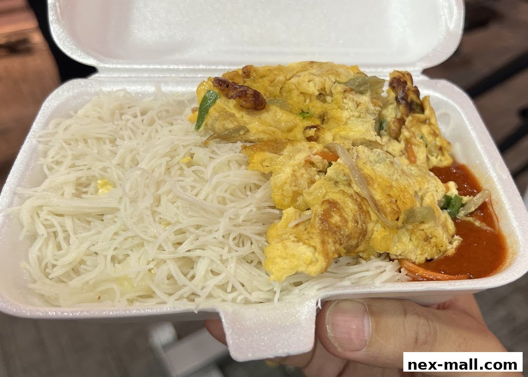 A hand holds a takeout container filled with white noodles and a savory omelet with sauce.