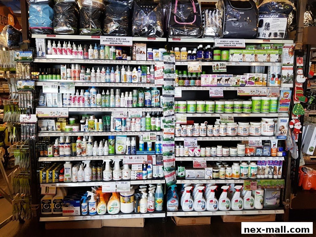 Shelves stocked with pet supplies including bags, bottles, and containers.