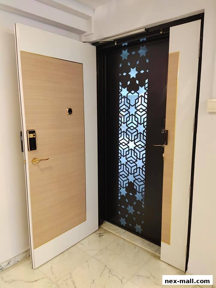 Two modern doors, one with a wood finish and gold hardware, the other black with a decorative star pattern.