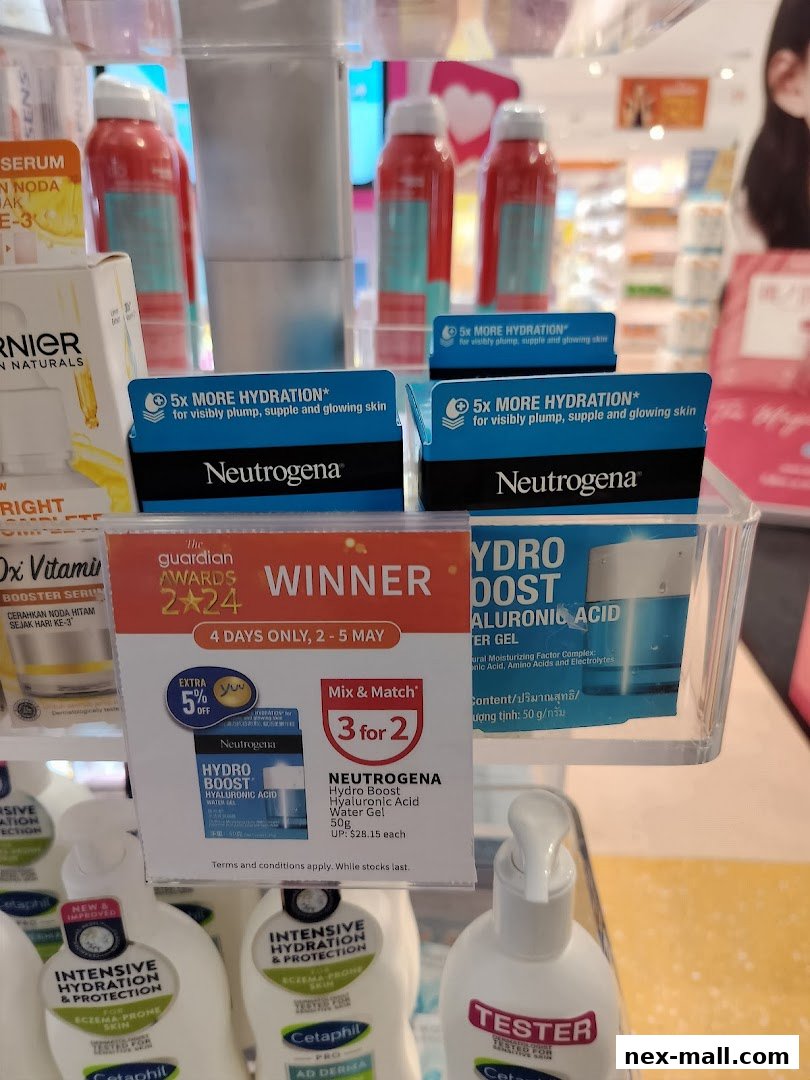 A display of Neutrogena Hydro Boost products with a promotional sign.