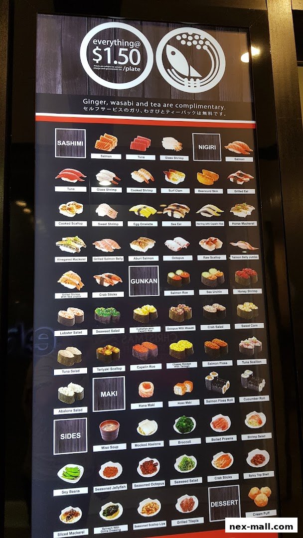 A menu board displaying various sushi items, sides, and desserts with prices.