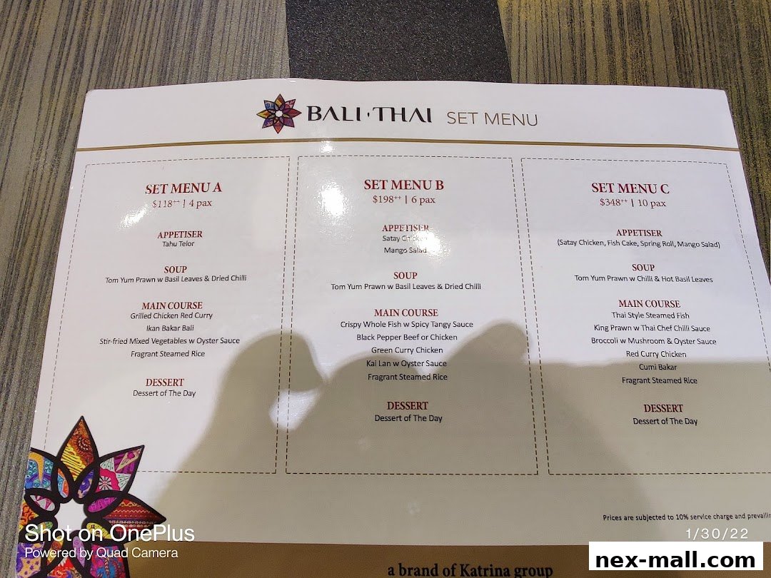 A set menu from Bali Thai featuring three different meal options for various group sizes.