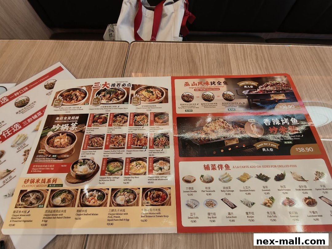 A menu from Riverside Canton Claypot Cuisine featuring signature claypots and grilled fish dishes.