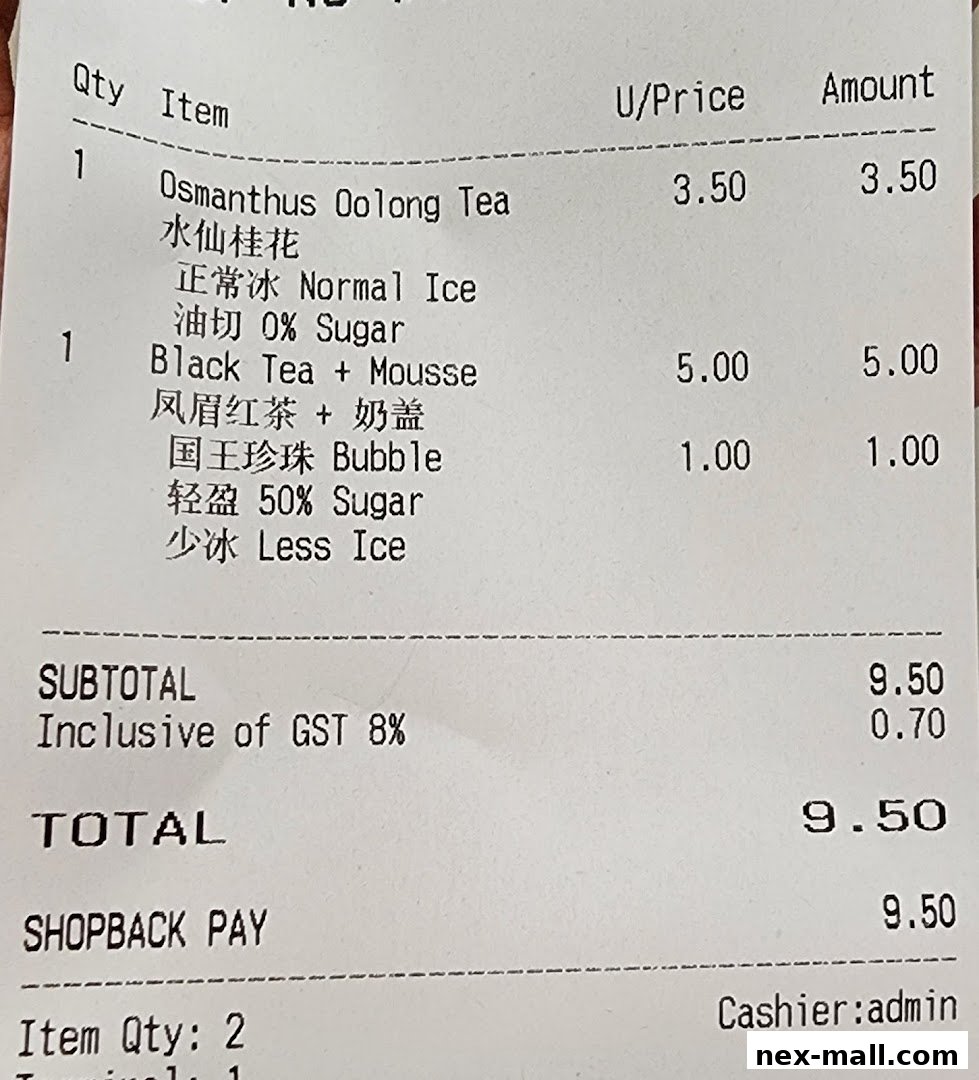 A receipt from CHICHA San Chen showing purchased bubble tea items and their prices.