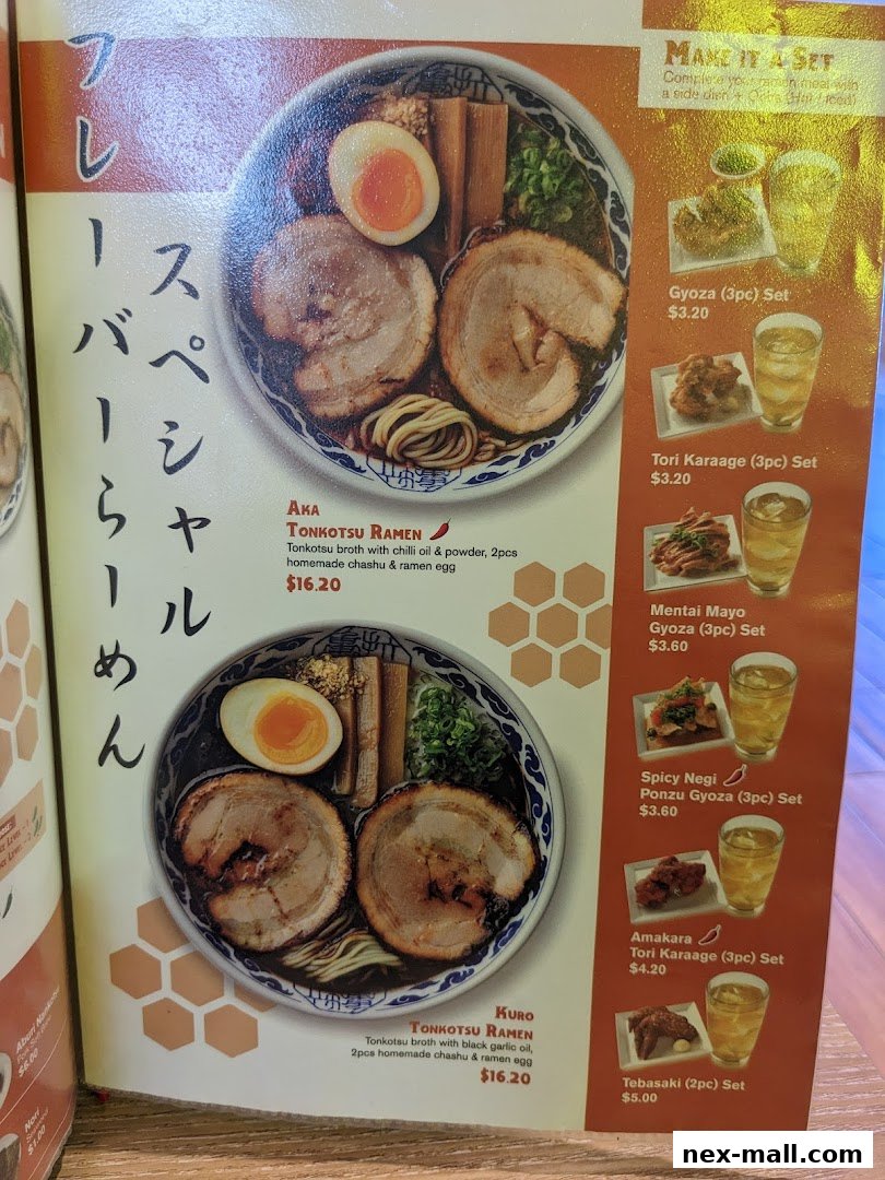 A menu featuring two types of Tonkotsu Ramen and various side dish sets.