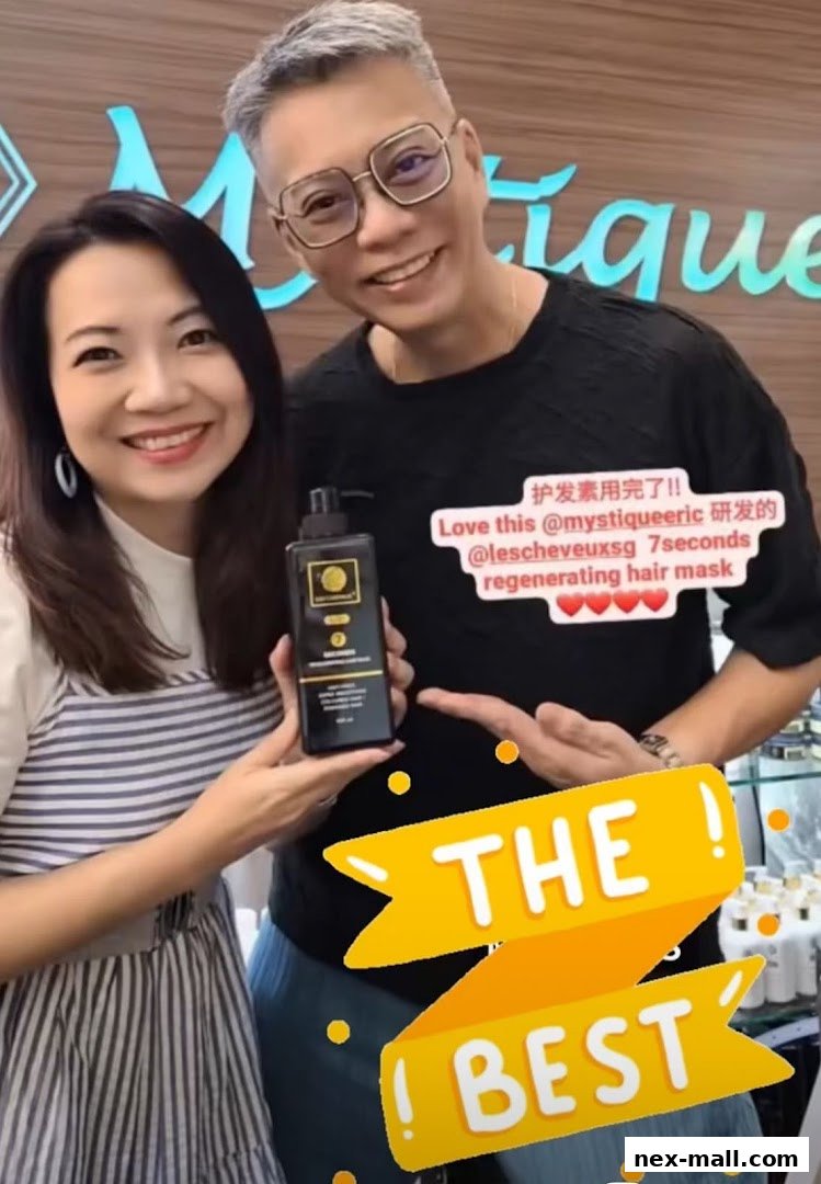 Two people smiling and holding a bottle of hair mask, with text overlays.