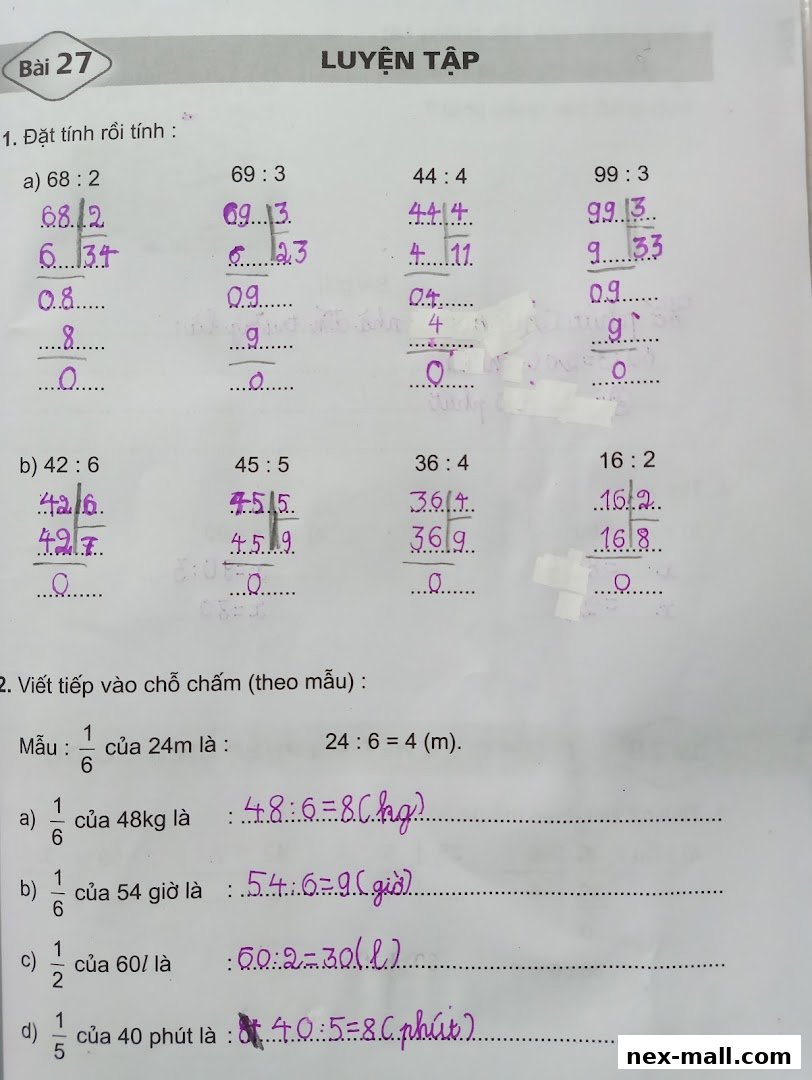 A page from a math workbook with division problems and word problems.