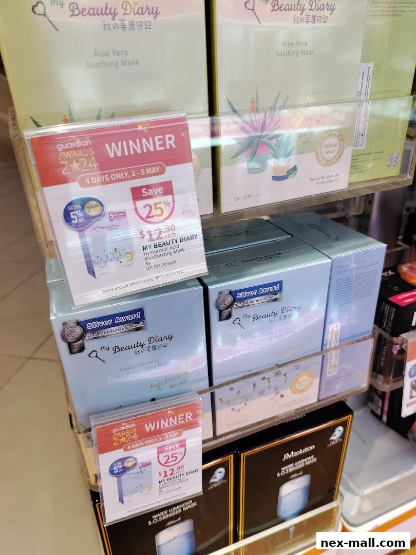 A display of My Beauty Diary face masks, featuring promotions and awards.