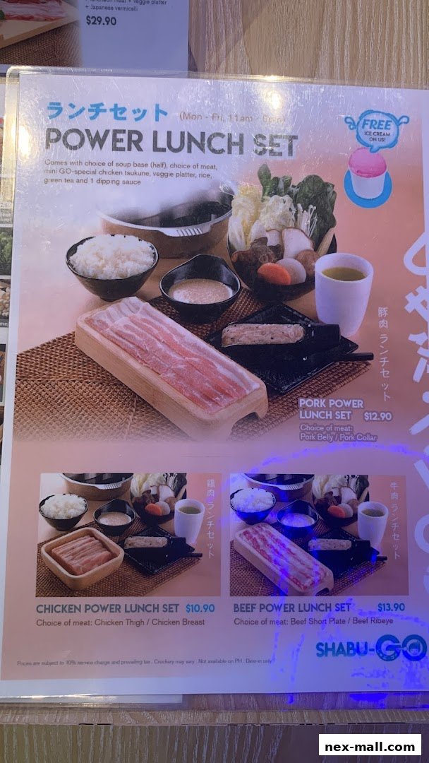 A menu showcasing various 'Power Lunch Sets' with meat options and accompaniments.
