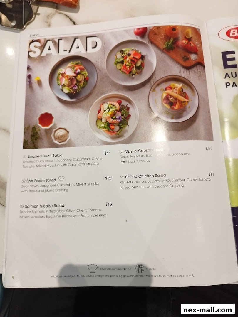 A menu page showcasing various salad options with appealing descriptions and prices.