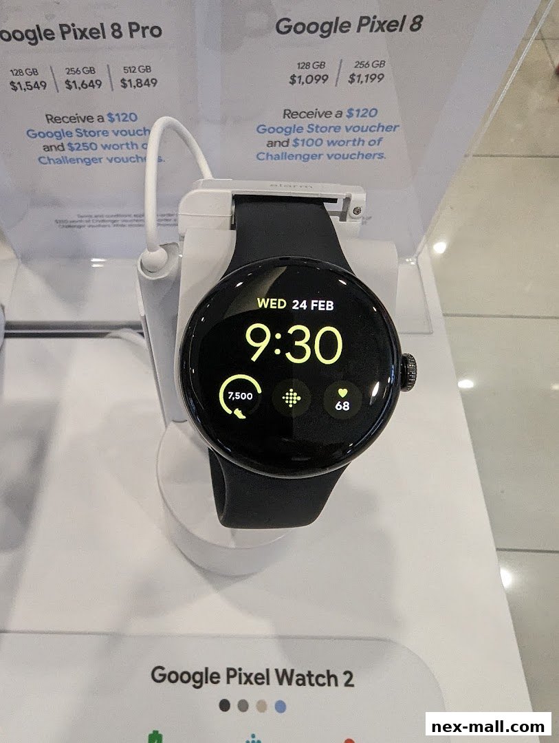 A Google Pixel Watch 2 is displayed with pricing and offers for Google Pixel 8 phones.