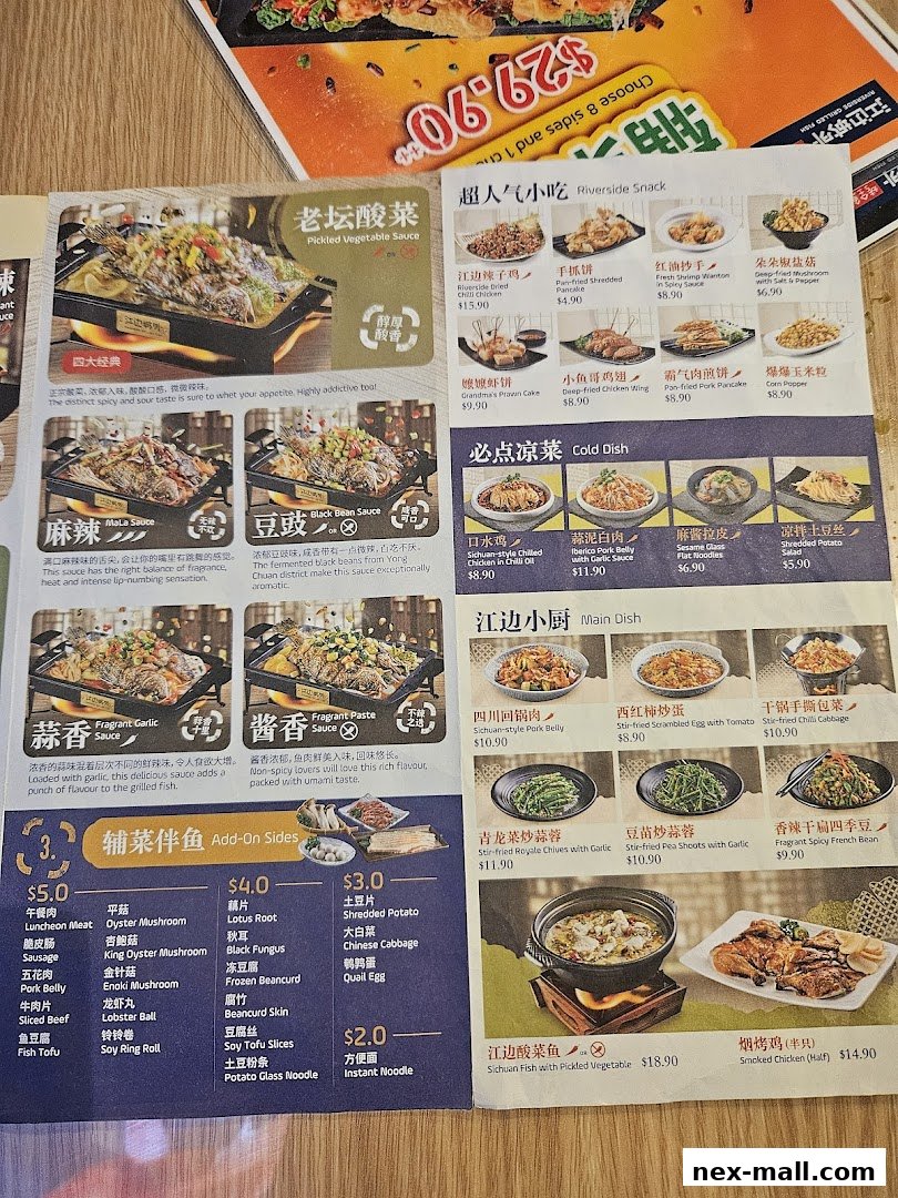 A menu from Riverside Canton Claypot Cuisine featuring various Chinese dishes and add-on sides.