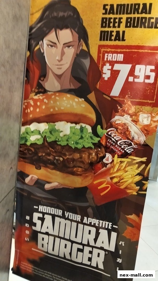 McDonald's Samurai Beef Burger Meal promotion featuring anime art, a large burger, fries, and Coca-Cola.