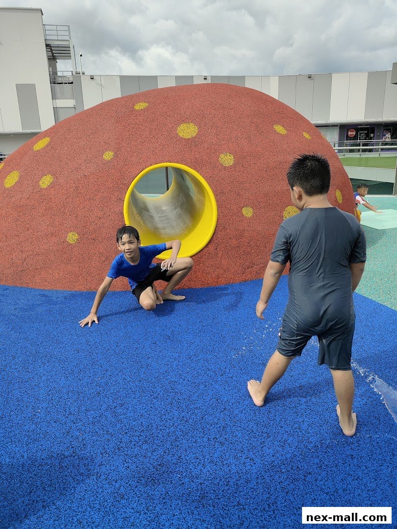 Children playing on a colorful playground with a tunnel slide.