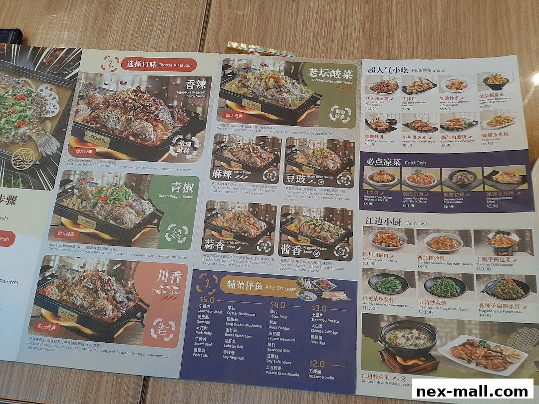 A menu from Riverside Canton Claypot Cuisine featuring various fish dishes, snacks, cold dishes, and main courses.