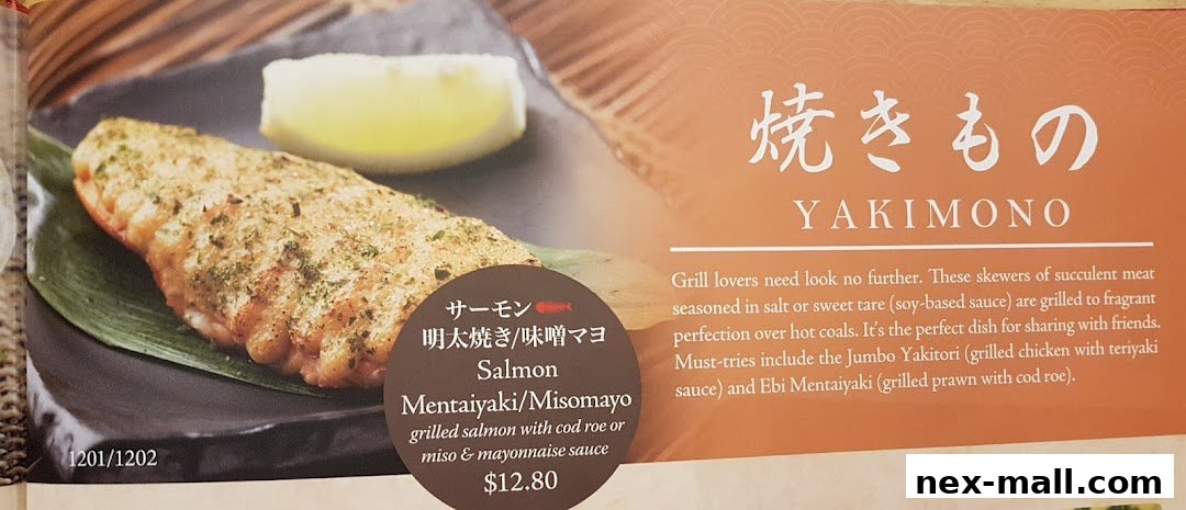 A close-up of a grilled salmon dish with a description and price.