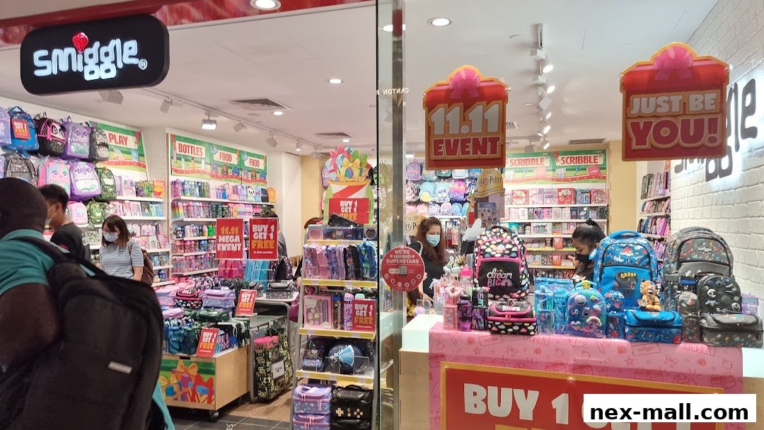 A Smiggle store entrance showcasing colorful backpacks, stationery, and promotional signs for a 11.11 event.