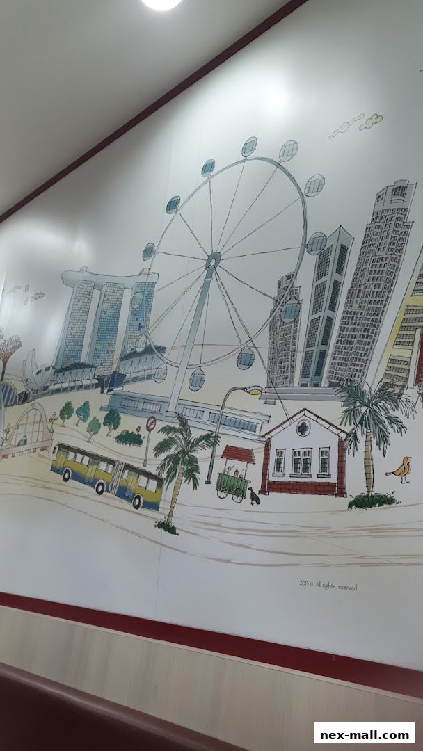 A mural depicting Singapore landmarks and city life, including Marina Bay Sands and the Singapore Flyer.