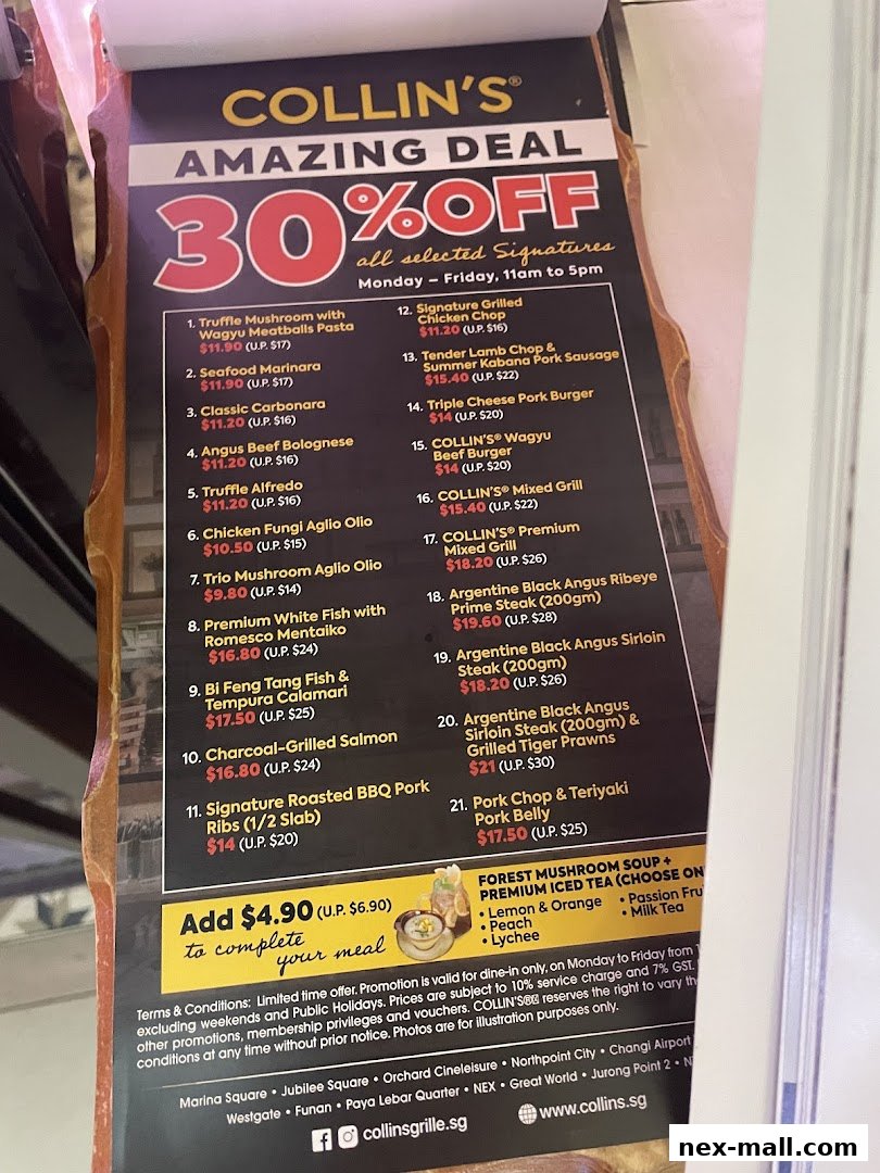 A menu from Collin's offering a 30% discount on selected signature dishes.