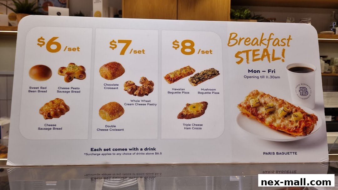 A menu board from Paris Baguette NEX showcasing breakfast sets with pastries and baguette pizzas.