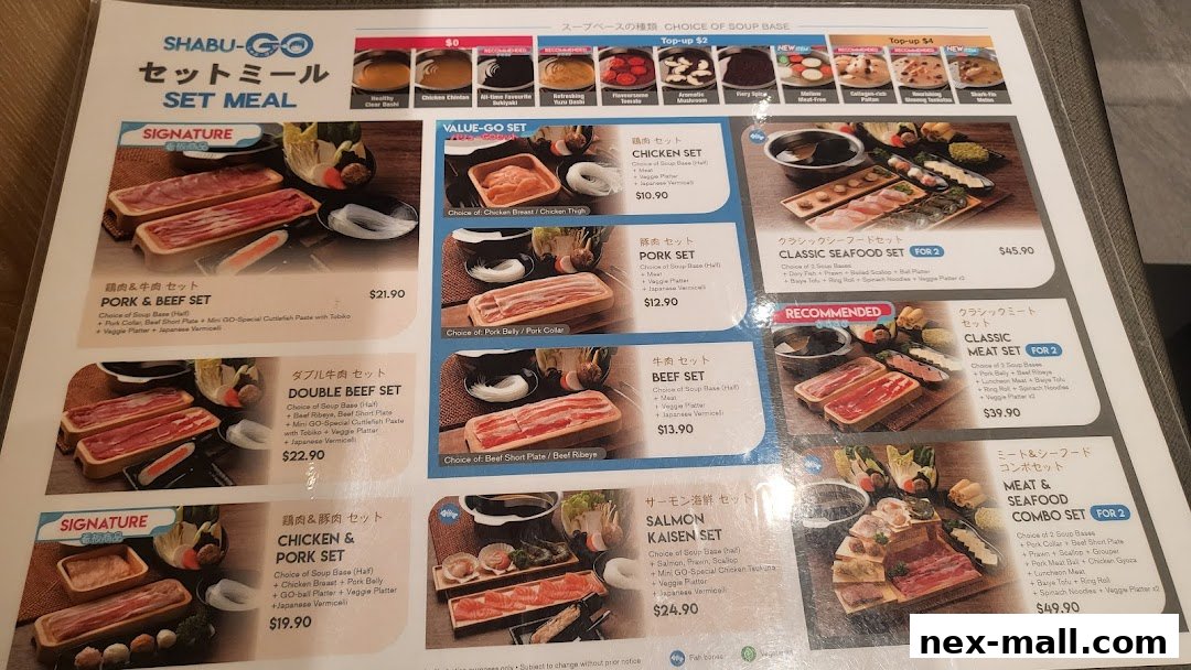 A menu for Shabu-Go featuring various set meals with meat, seafood, and combination options.