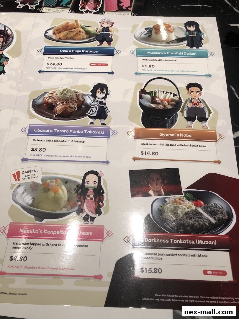 A menu from Sushi Tei featuring dishes inspired by Demon Slayer characters.