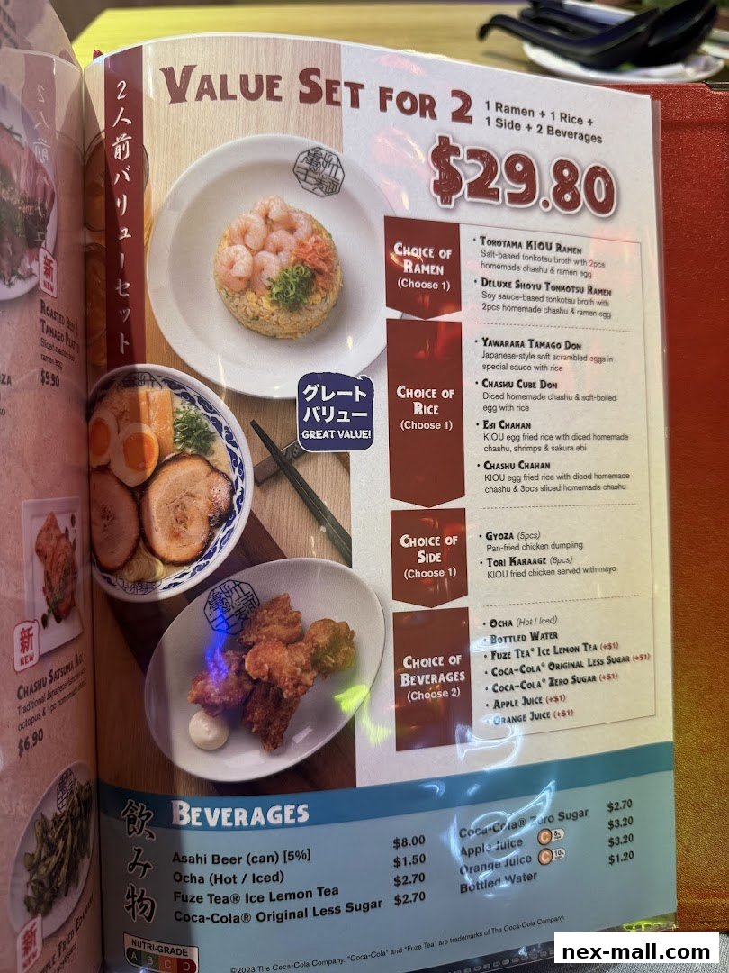 A menu featuring a value set for two with ramen, rice, side, and beverages.
