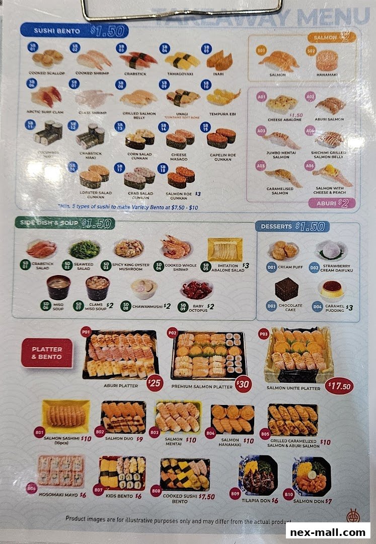 A menu from Sushi Express showcasing various sushi, bento boxes, side dishes, and desserts with prices.