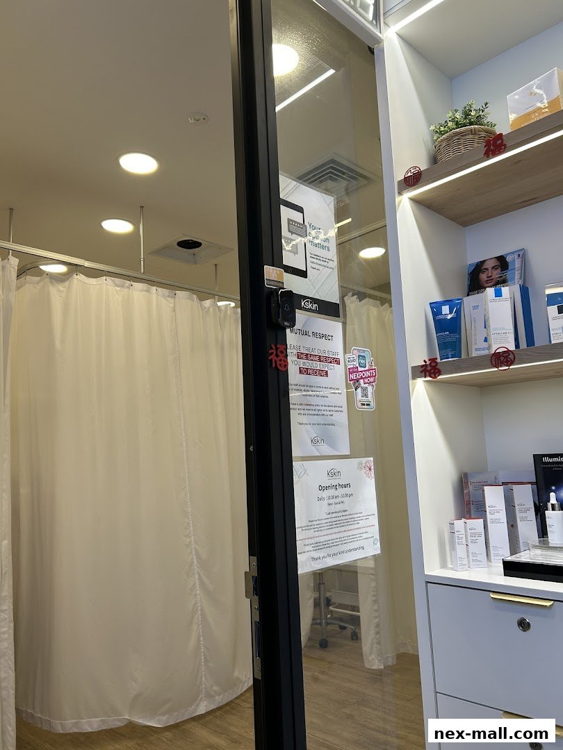 The entrance to Kskin Korean Express Facial, showcasing skincare products and opening hours.