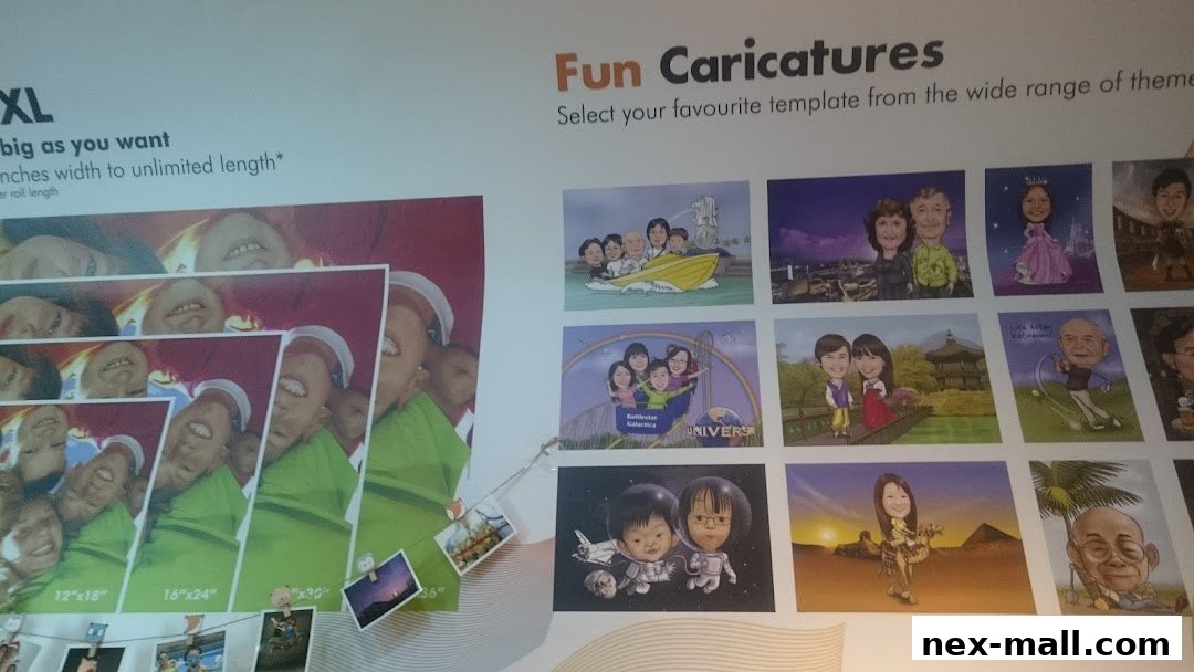 A display showcasing various caricature templates and print sizes.